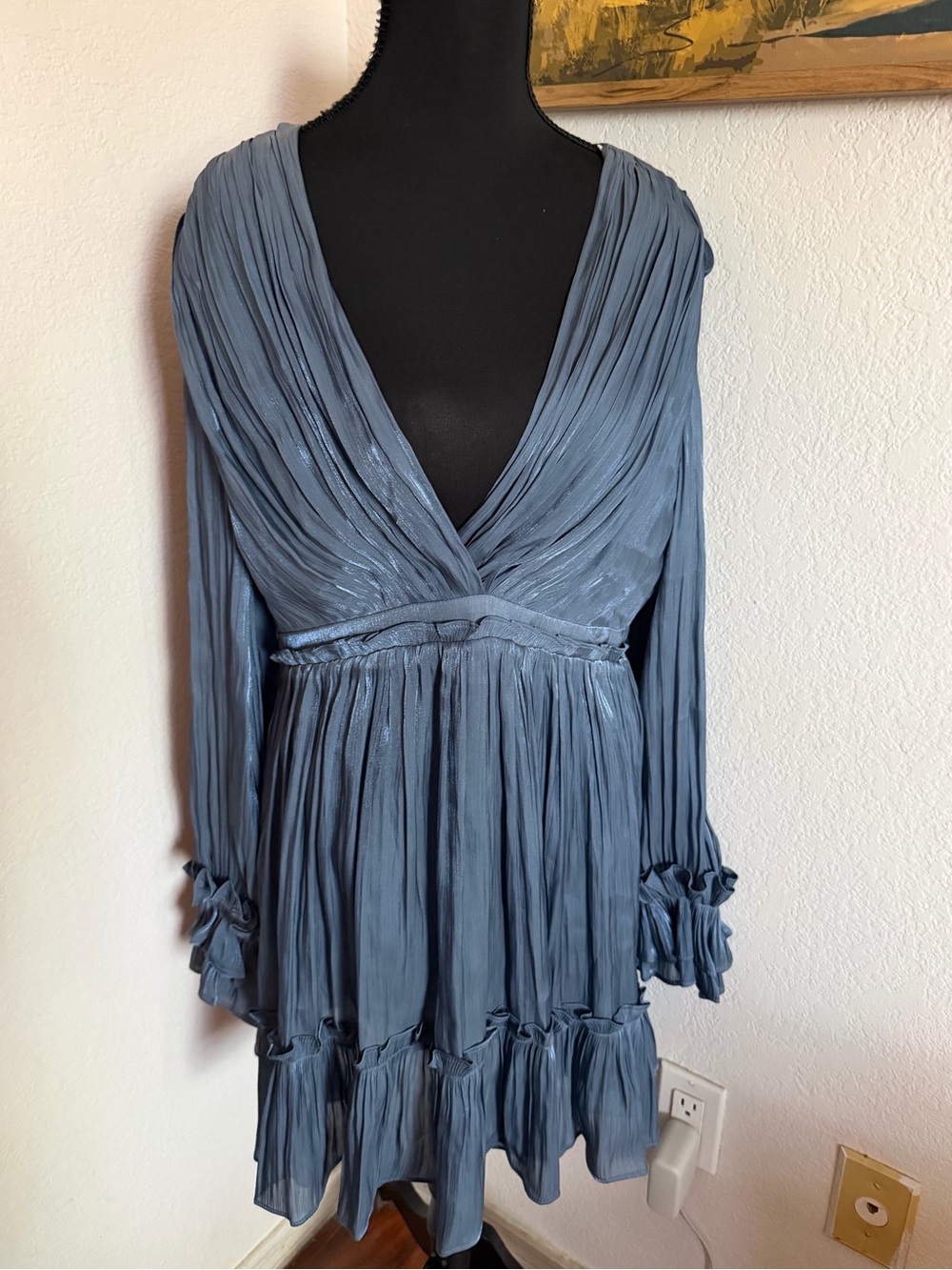Few Moda Slate Blue Pleated V-Neck Women's Mini Dress - Size 8 NWT